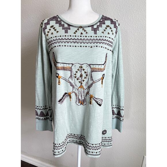 Double D Ranch Tops - Double D Ranch Southwestern Studded Cow Skull Arrow Long Sleeve Shirt Women's M